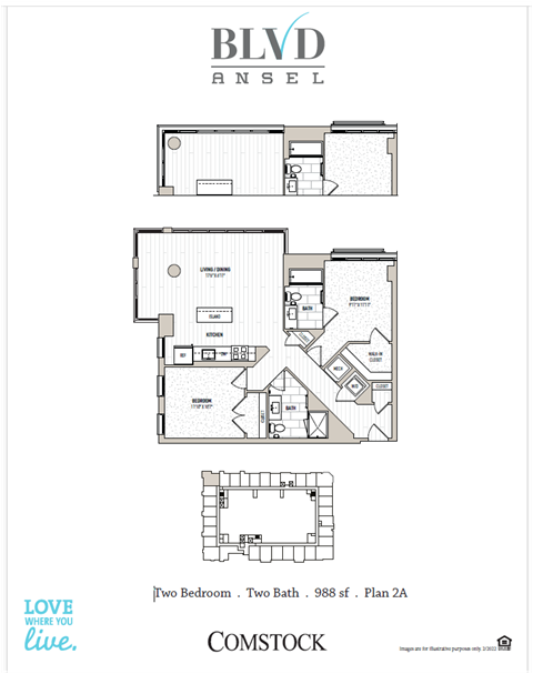 Floor plan for 2 beds, 2 baths, 1051 sqft